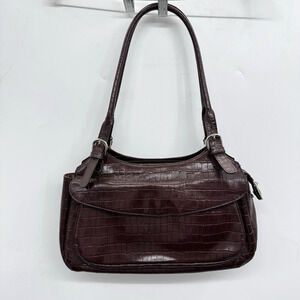 VTG Maxx New York Croc Embossed Leather Shoulder Bag Chocolate Brown 90s Y2K